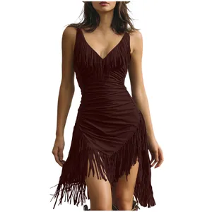 Abito elegante da donna con scollo a V profondo, frange lunghe e vestibilità slim