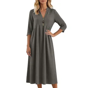 Elegante abito lungo da donna in cotone e lino grigio scuro con scollo a V