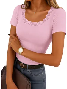 Elegant pink ribbed short sleeve T-shirt with delicate lace trim on square neckline.