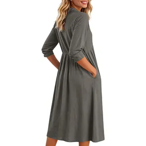 Abito midi casual in cotone e lino grigio scuro con tasche, vista posteriore da donna