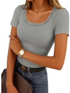 Women's grey ribbed short sleeve T-shirt with elegant lace trim square neckline