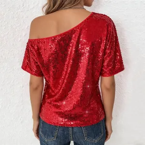 Detailed back view of a sparkly red sequined one-shoulder top for women with loose fit