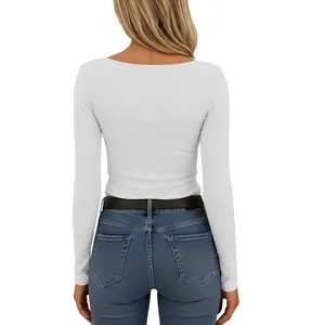 Detailed studio back view of a white slim fit ribbed long sleeve knit top for women