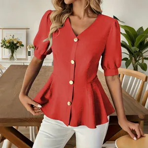 Elegant red V-neck blouse with gold buttons and puff short sleeves for women