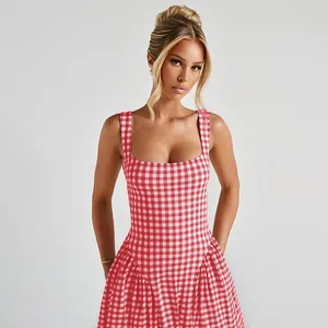 Red and white gingham waist-snatching princess dress with wide straps