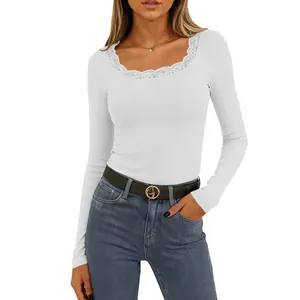 Detail showing white ribbed knit top with elegant lace trim square neckline