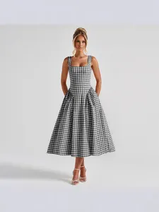 French Plaid Printed Midi Dress For Women Backless Slim Fit Square Neck Gingham Princess Dress Casual Summer Holiday Party Dress