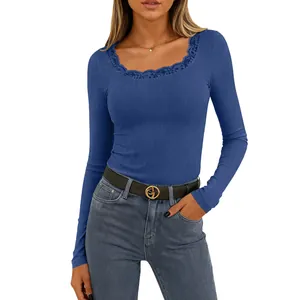 Blue ribbed long sleeve top with lace trim square neck for women casual slim fit style