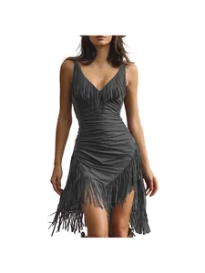 Vestito Midi Sexy da Donna Con Scollo a V Profondo Senza Maniche in Pelle Scamosciata Increspata Aderente Con Frange e Nappine Patchwork