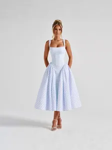 Elegant French style blue and white gingham midi dress with square neck and full flared skirt