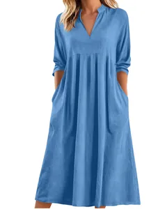 Elegante abito midi casual in cotone e lino blu con scollo a V e tasche per donna