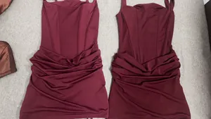 Comparison of deep purple and purple red ruched square neck sleeveless mini dresses
