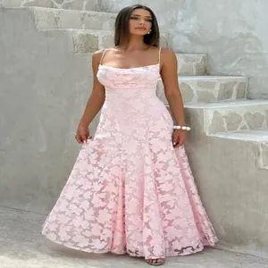 Elegant pink floral lace maxi dress with delicate spaghetti straps and cowl neck detail.