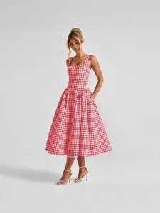 Elegant French style pink gingham print midi dress with sleeveless square neck design