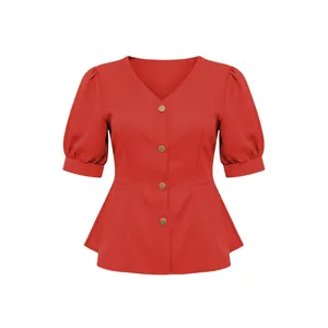 Detailed front view of a red V-neck summer blouse featuring puff sleeves and gold buttons
