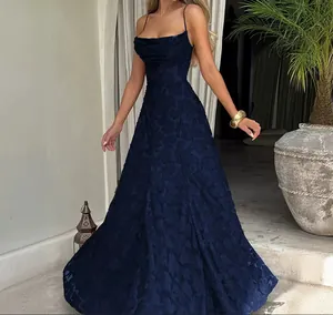 Elegant navy blue floral texture cowl neck evening maxi dress with thin straps