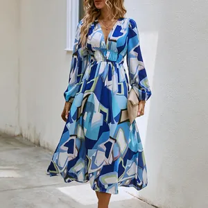 Bohemian deep V-neck geometric printed high waist long sleeve midi dress