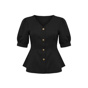 Close-up of black V-neck blouse with elegant puff sleeves and gold button details