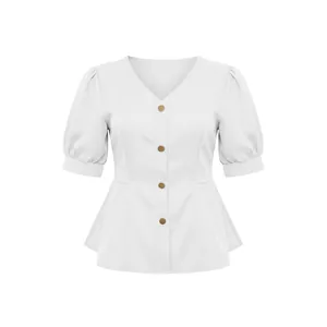 Elegant white V-neck puff short sleeve blouse with slim fit waist and button closure