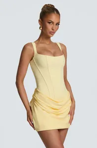 Elegant pale yellow square neck sleeveless ruched bodycon mini dress for women detail view