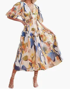 Vestido midi floral bohemio con escote en V profundo, estampado abstracto y cintura elástica