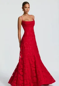 Elegant wine red floor-length strap dress with textured floral lace pattern