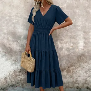 Robe midi élégante à col en V bleu marine à volants avec manches bouffantes et taille élastique