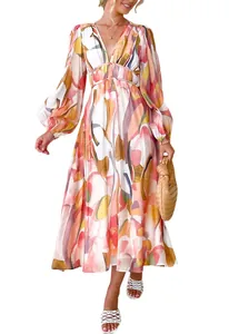 Detail view of elegant bohemian deep V-neck floral print long sleeve midi dress for women