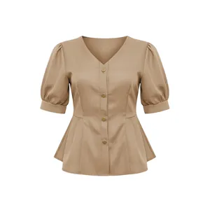Front view of elegant khaki V-neck blouse with short puff sleeves and button detail