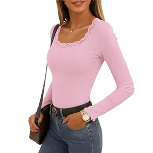 Close-up of pink long-sleeve ribbed T-shirt featuring elegant lace trim square neckline