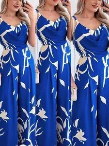 Stylish blue floral print wide leg jumpsuit with spaghetti straps and open back