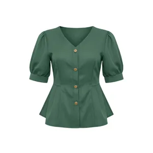 Front view of green V-neck puff sleeve blouse with button detailing and peplum hem.