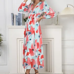 Elegant bohemian floral midi dress featuring a deep V-neck and high waist detail