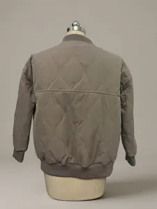 Back view of stylish women's brown quilted casual bomber jacket with ribbed trim detail