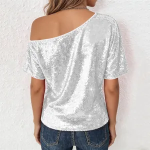 Detailed back view of a silver sequin off-shoulder loose casual party top for women