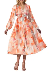 Bohemian V-neck floral midi dress with long sleeves and elastic high waist detail