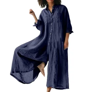 Casual navy long sleeve cotton linen button up jumpsuit for women with wide leg