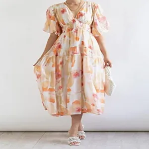 Vista completa del vestido midi bohemio floral para mujer con falda de volantes y mangas