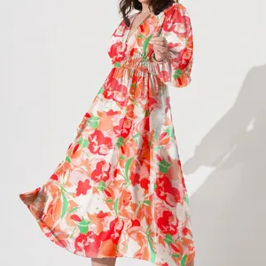 Close-up detail of a bohemian floral print V-neck high waist maxi dress with long sleeves