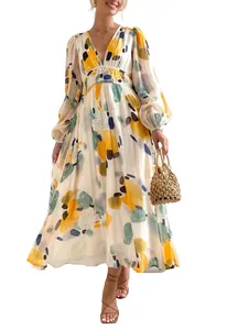 A detailed view of a Bohemian deep V-neck printed maxi dress with high waist design