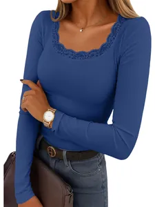 Elegant women's blue ribbed knit top with a lace-trimmed square neck and slim fit