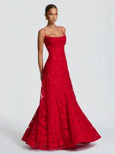 Elegant red lace floral camisole maxi dress for evening parties and special events