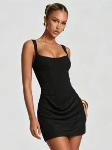 Elegant black square neck sleeveless mini dress with sophisticated draped pleated detailing.