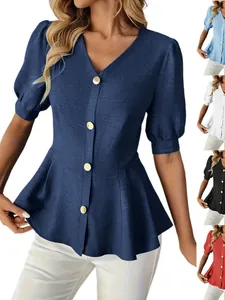Women V-Neck Puff Sleeve Peplum Blouse Solid Color Slim Fit Button Down Summer Shirt Elegant Commuter Top Polyester
