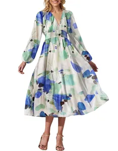 Elegant Bohemian deep V-neck long sleeve printed midi dress with high waist