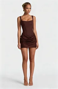 Elegant chocolate brown square neck bodycon mini dress with draped pleat detail