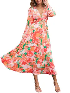 Full-length view of a Bohemian floral maxi dress with deep V-neck and high waist