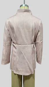 Back view of a slim fit pink jacquard woolen jacket with an elegant stand collar.