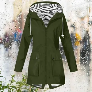 Women's outdoor dark green hooded raincoat with stylish black and white striped lining