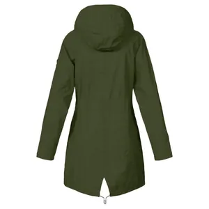 Back view of a long hooded green outdoor windbreaker jacket for women with drawstring detail
